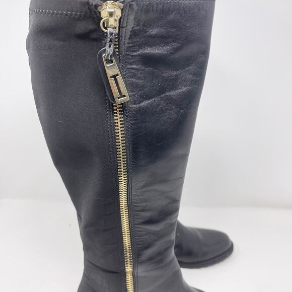 Issac Mizrahi Womens 6 Black Arno Leather Tall Boots Gold Exposed Zipper Flat - Picture 6 of 13